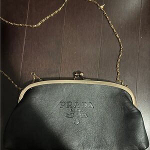 Prada Black Leather shoulder kiss lock Bag with Gold Chain